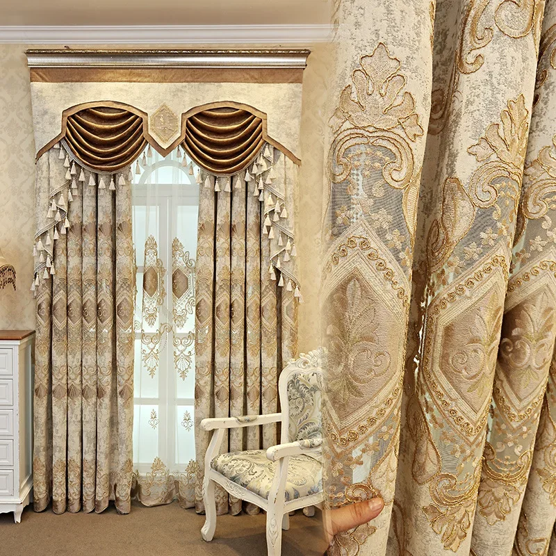 

European-style Living Room Curtain Finished Embroidery Blackout Fabric Bedroom Bay Window Screen Curtain Vine