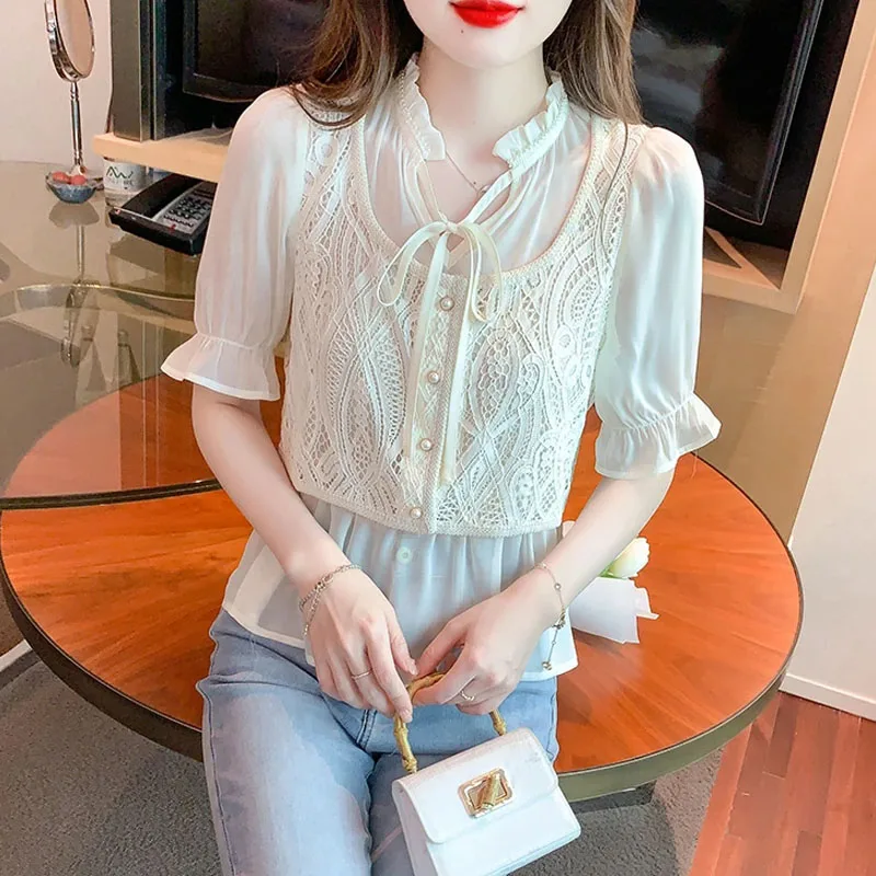 

New Summer Women Tops Short Sleeve Blouse Women Blusas Mujer De Moda 2024 Verano Ruffled Lace Chiffon Blouse Shirt Blouses G529