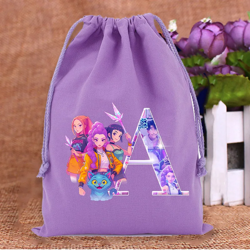 Kpop Demon Hunters Drawstring Bags Cartoon Printed Letter A-Z Makeup Candy Key Storage Gift Bags Convenient Bundle Pockets 2025