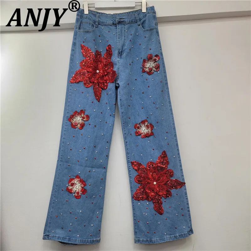 

ANJY, осенне-зимние новые женские прямые джинсы с тяжелой вышивкой и тремя размерами, трендовые эластичные брюки с шипами и бриллиантами A11570