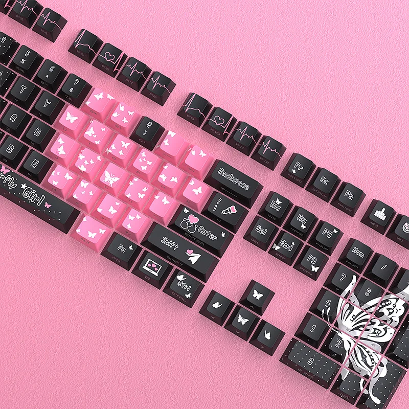 Butterfly girl Theme Keycaps 125 Keys PBT Keycaps Cherry profile Side engraving keycaps for Mechanical Keyboard MX Switches