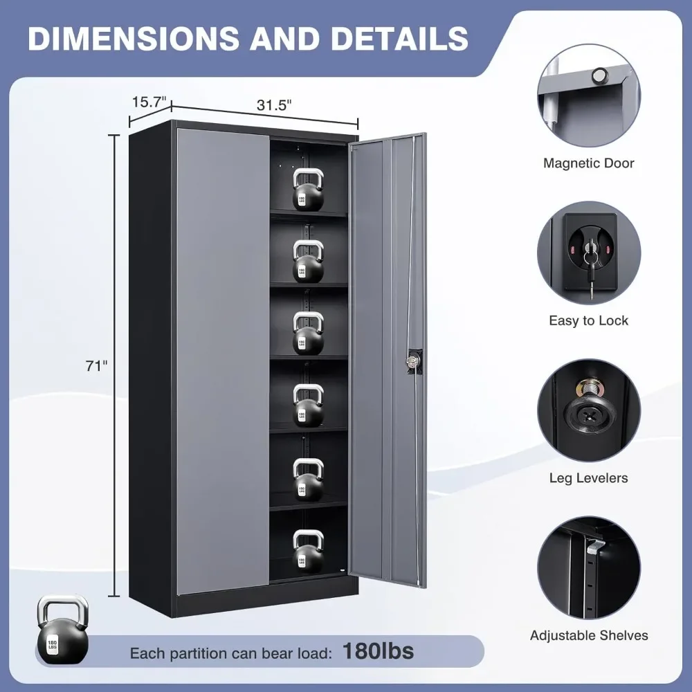 71" Tall Metal Garage Cabinet - Lockable Tool Storage w/2 Doors & 5 Adjustable Shelves"​