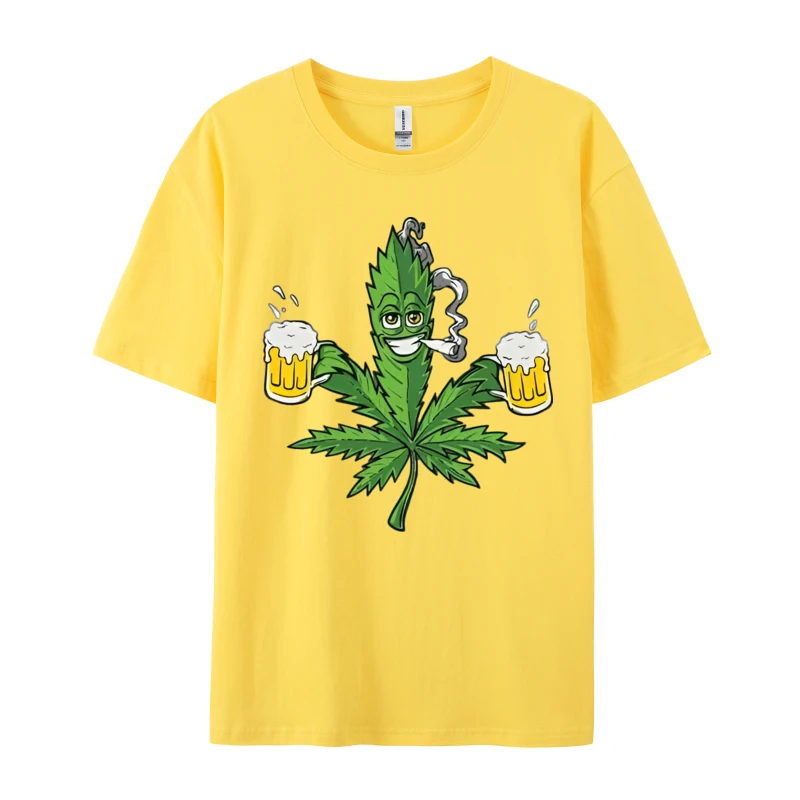 Men T-Shirts 2024 Summer 100% Cotton Men's Clothing Beer Weed Leaf Pot Stoner Cannabis Mar Print T Shirt Men High Quality Tshirt