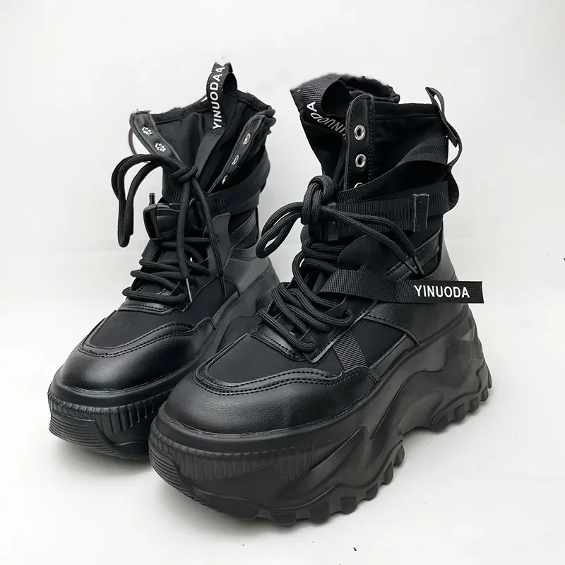 Autumn Winter Platform Boots Women Lace Up Belt Buckle Designer Ankle Boots Female Fashion Thick Sole High-top Sneakers Women