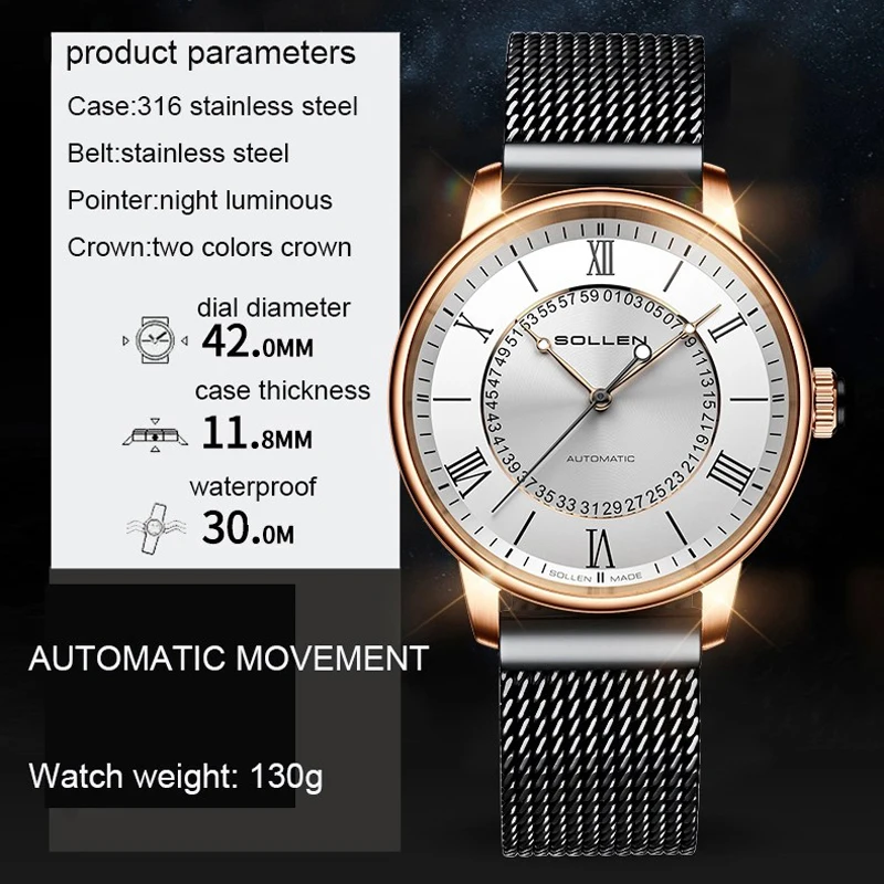 SOLLEN flambant neuf haut de gamme mode montre mécanique creuse hommes en acier inoxydable étanche luxe automatique squelette montres hommes