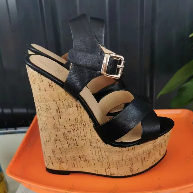 Olomm, sandalias de verano hechas a mano para mujer, cuñas con correa y hebilla, tacones altos, punta abierta, zapatos informales negros elegantes, talla grande 5-20 de EE. UU.