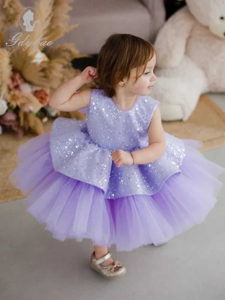 Purple  Flower Girl Dresses Tulle Puffy Sequin With Bow Sleeveless For Wedding Birthday Party First Communion Gowns