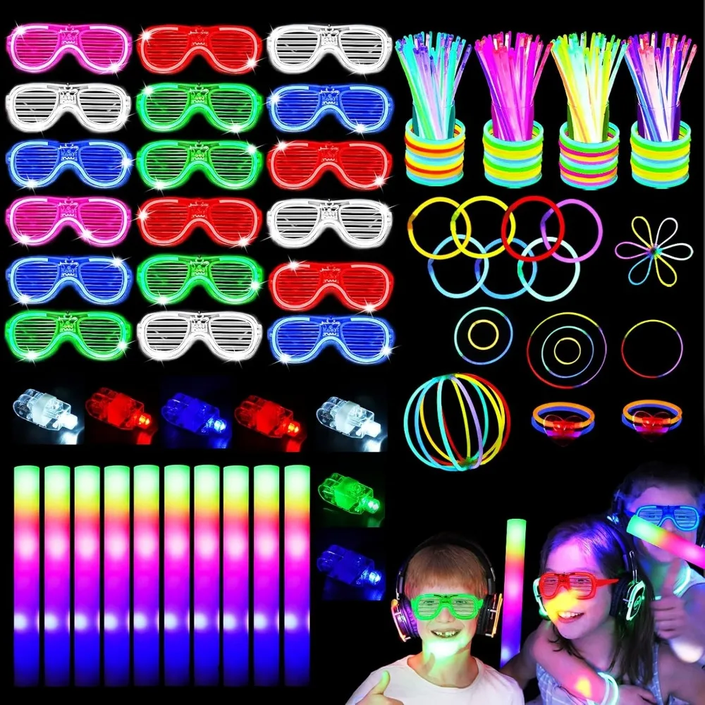 

161 Pcs Glow in the Dark Party Supplies, Light Up Party Favors with 100 Glow Sticks, 16 Foam Glow Sticks, 16 Led Glasses, 16 Fin