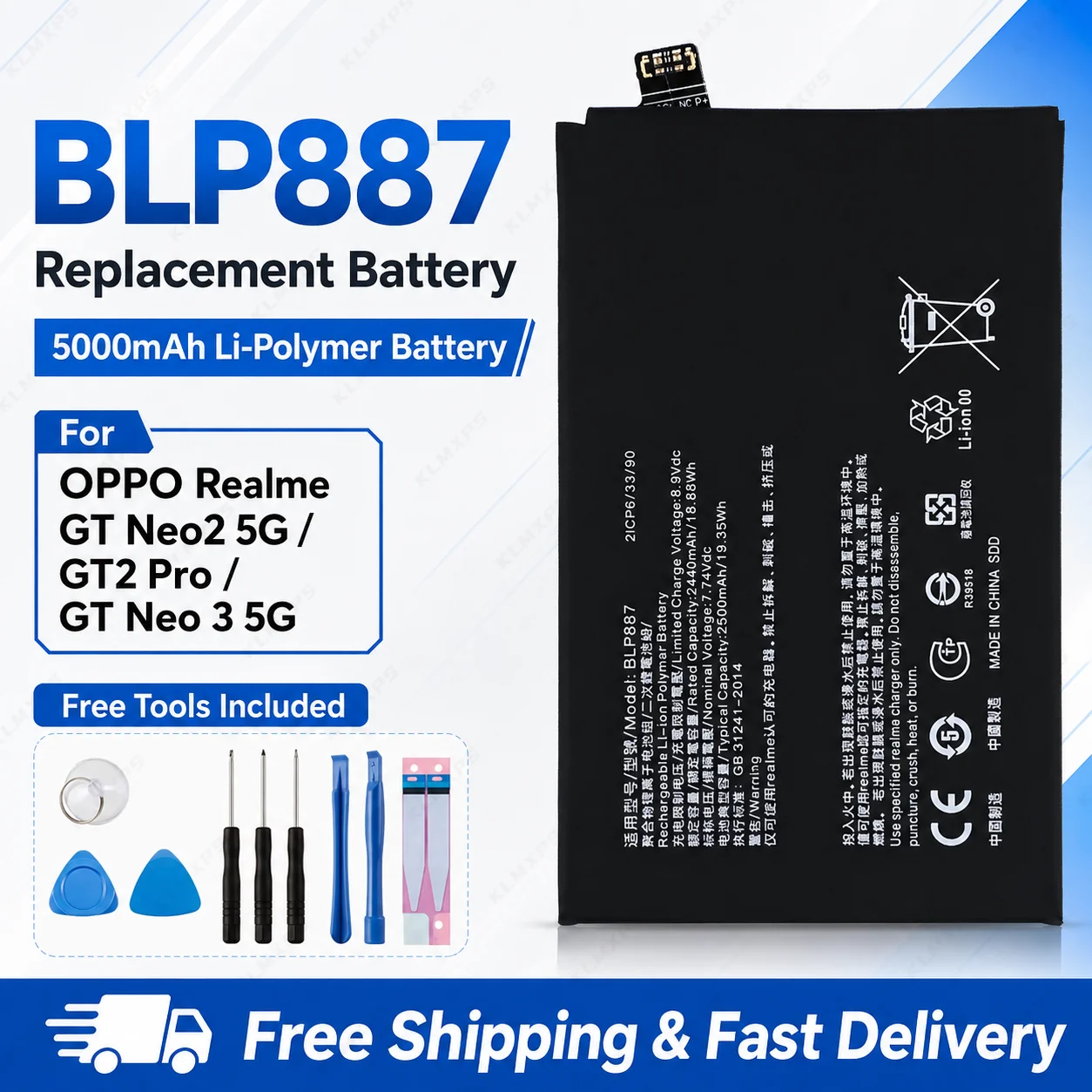 

Replacement battery BLP887 5000mAh for Mobile Phones is Suitable for OPPO Realme GT Neo2 5G/GT2 Pro/GT Neo 3 5G Phones