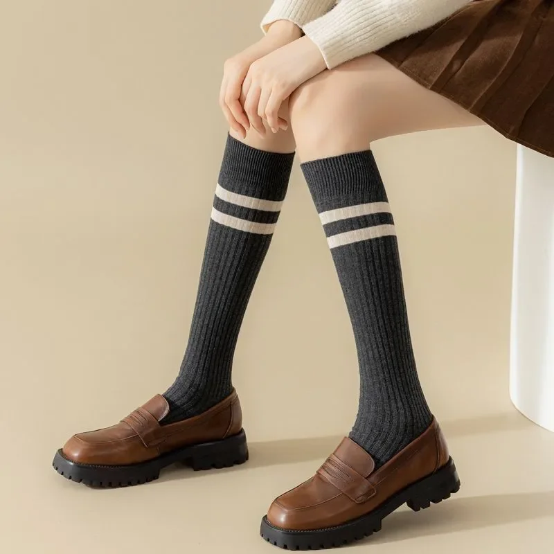 Calcetines largos de algodón a rayas para mujer, medias hasta la rodilla, tubo largo, pierna, Color sólido, cálido, japonés, JK, negro, blanco, niñas, estudiantes