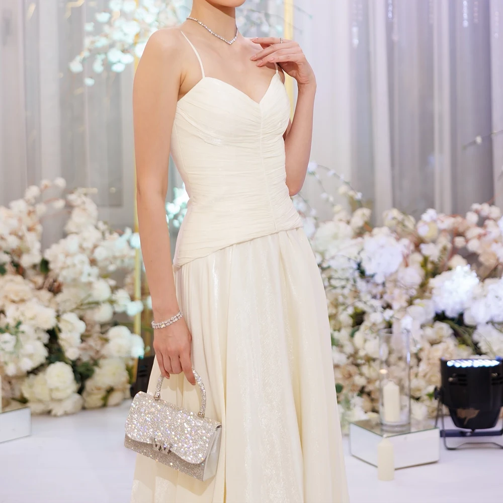 Customized A-line Evening Dresses Floor-length Spaghetti Strap Sleeveless Prom Gown Fashion Pleat Simple Draped Party Gown 3