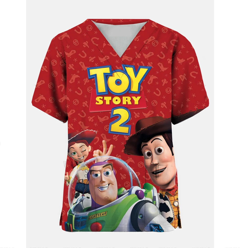 Disney Toy Story 4 Cartoon 3D Printing Nurse Clothing Women's Short sleeved V-neck Top Pocket Printing Healthcare Pet Clinic Nur