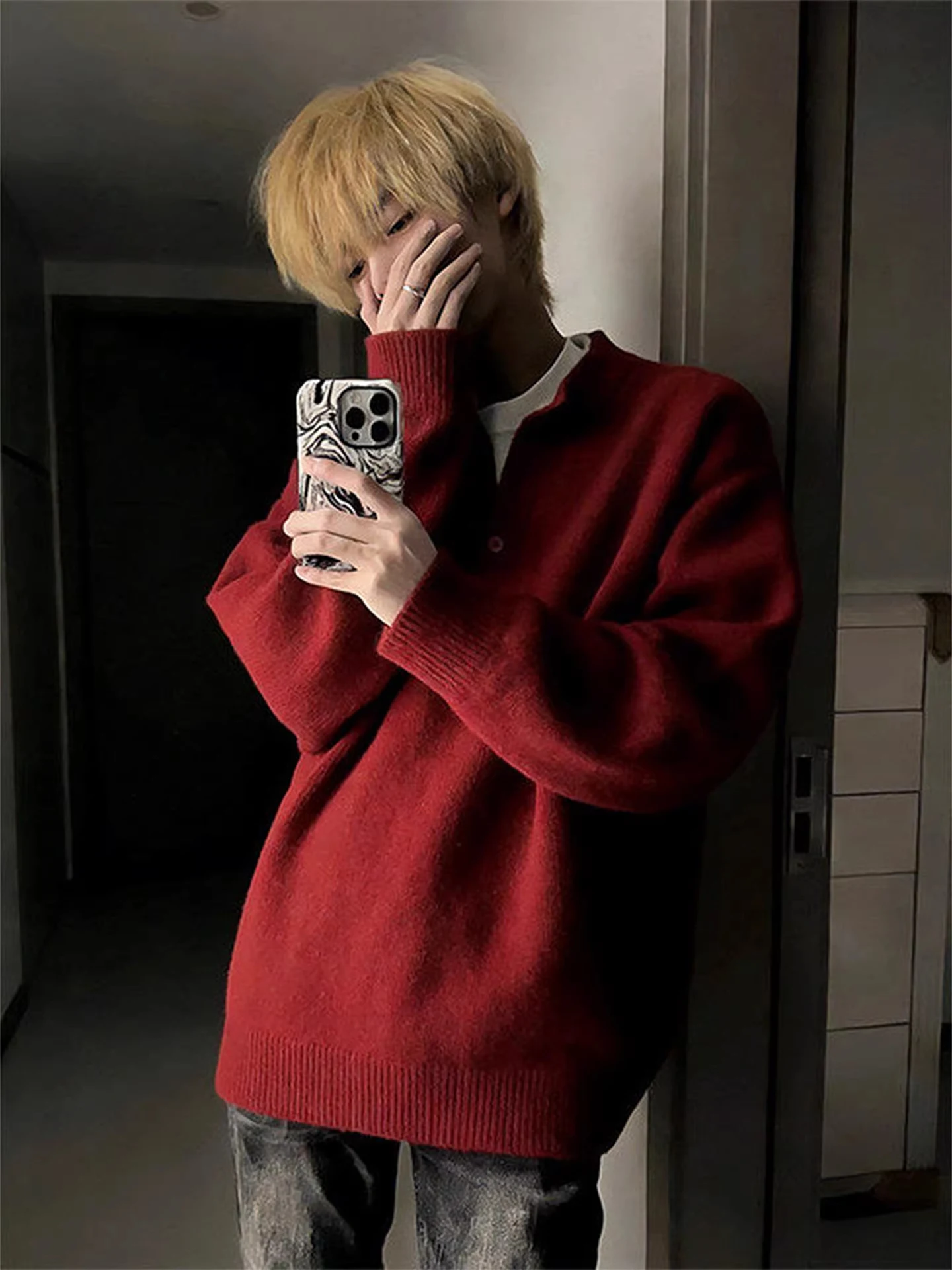 

Красный утепленный мужской свитер с воротником хенли, свободного кроя, базовый слой, повседневный, для зимы, комфортный, теплый