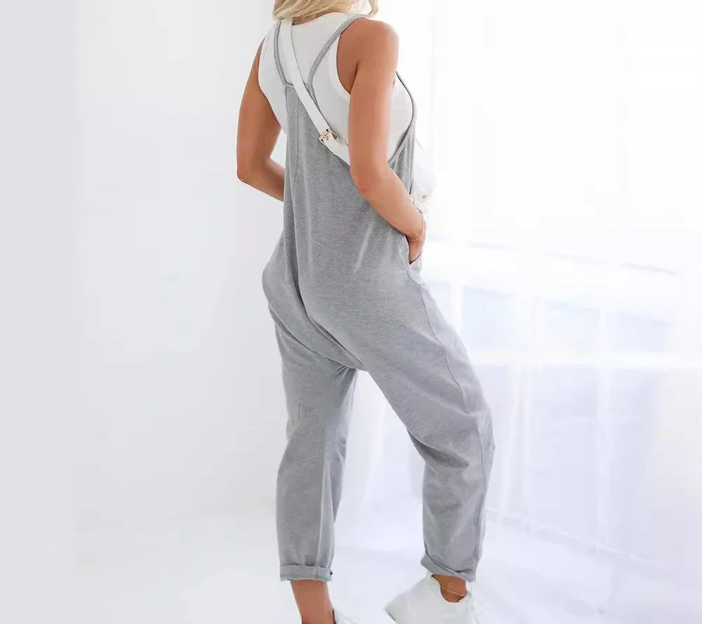 Fashion Jumpsuit Women Summer 2024 New Versatile Light Gray Casual Solid Sleeveless Conjoined Body Pant for Female Streetwear