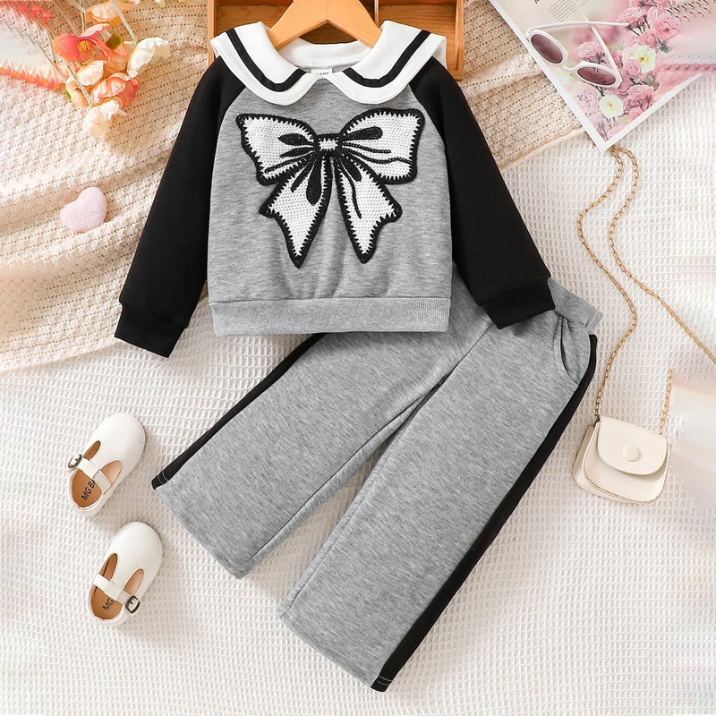 Little Girl Fall Outfit Cute Bow Embroidery Sailor Collar Long Sleeve Sweatshirt Elastic Waist Pants with Pockets 2 Piece Set