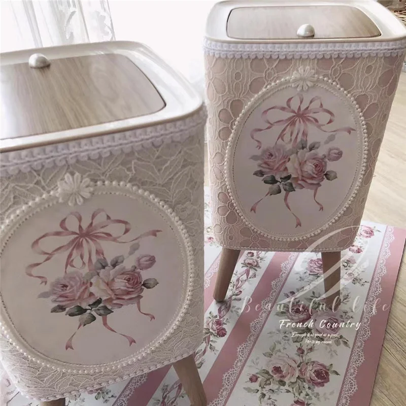 

Retro Lace Storage Bucket Home Decor Livingroom Kitchen Diningroom Large Capacity Trash Can Press Lid Roses Storage Bucket