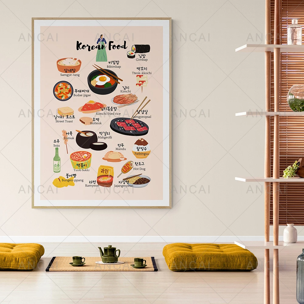 Printable Korean Food Poster Food&Drink Poster Food Home Canvas Painting Print Gift Idea Wall Picture for Living Room Decoration