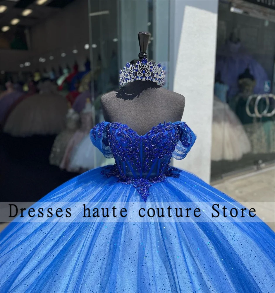 Vestido De baile De encaje azul real para quinceañera, vestido De fiesta con apliques De lentejuelas, sin hombros, dulce 16, 15 años, 2023