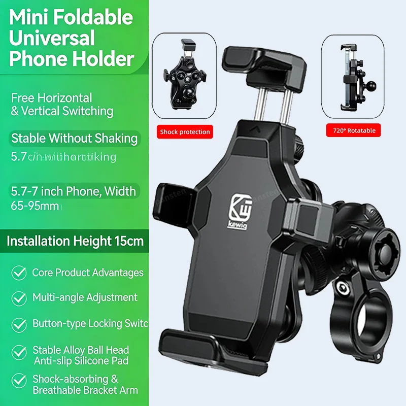 Shockproof Motorcycle Phone Holder with Auto Lock Anti Vibration 360 Rotatable Handlebar Mount for iPhone Samsung Android Riding