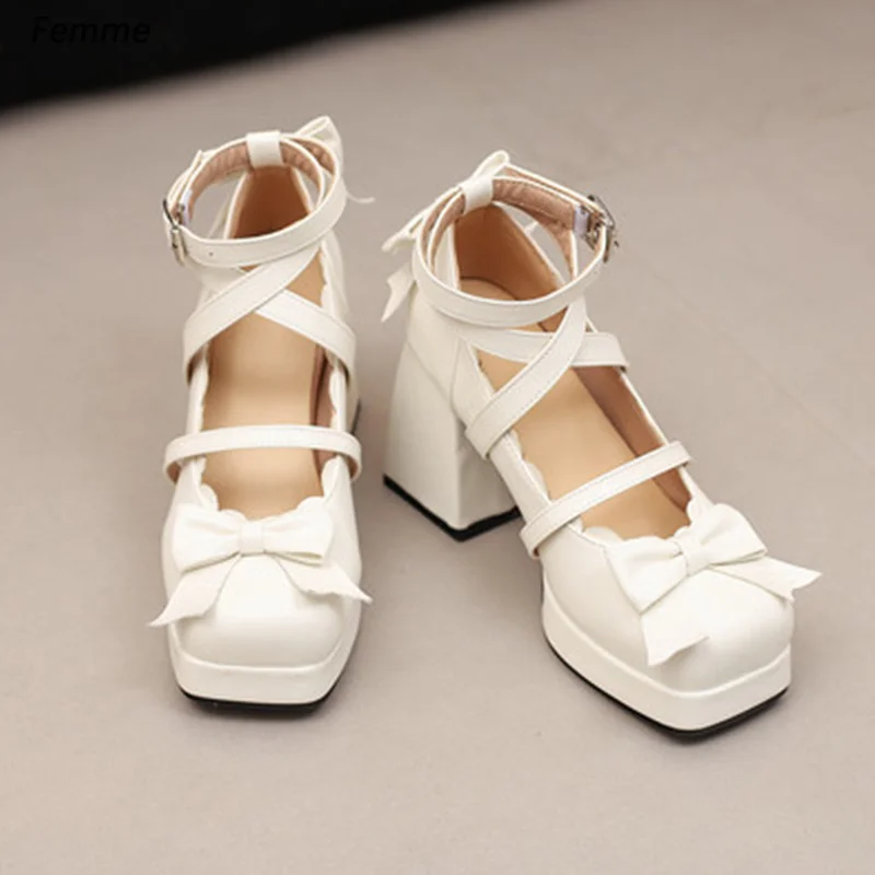 Femme Women's White Mary Jane Platform Heels, Block Heel with Bow and Cross Straps Ladies US Size 35-48