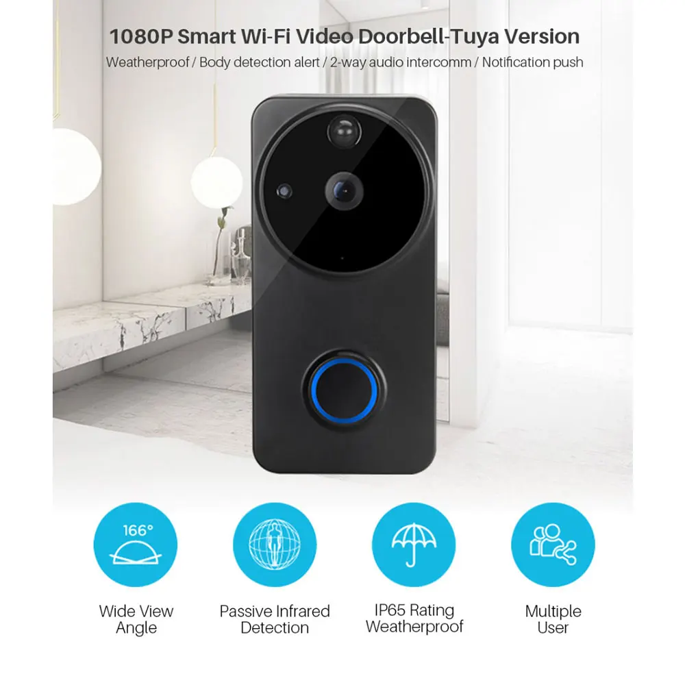 Tuya WiFi 1080P Doorbell Camera Video Call Door Bell with Chime Dual Power AC Rechargeable Battery Smart Intercom Alexa Google