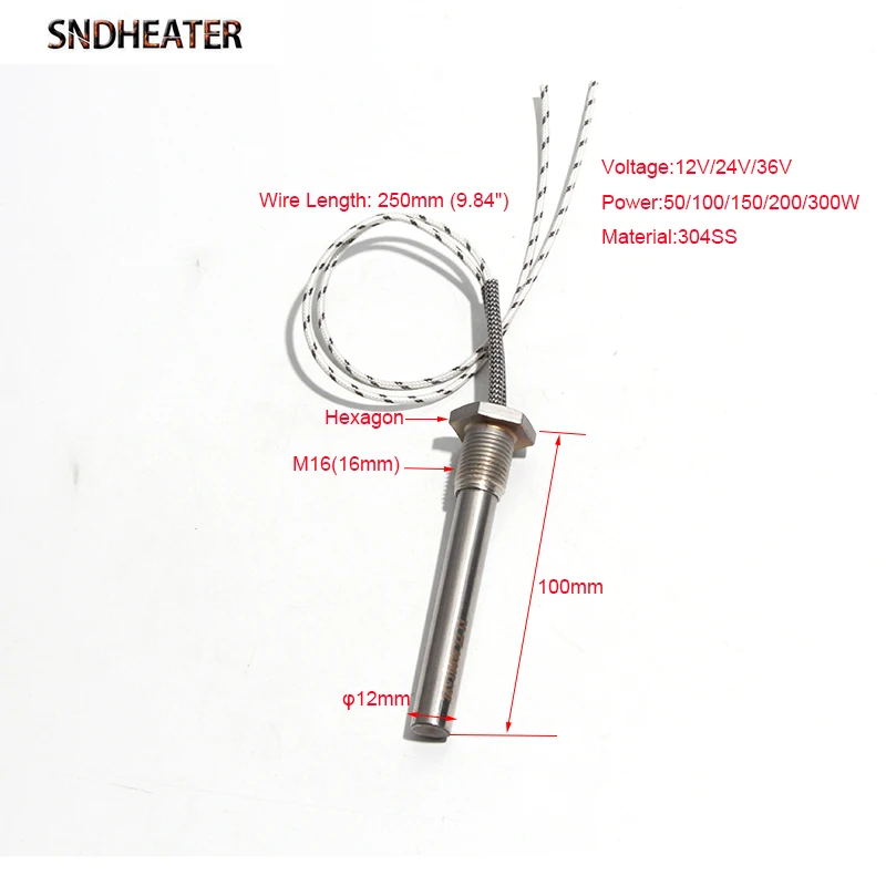 SNDHEATER 1pc M16/16mm Thread Cartridge Heater 12*100mm 12V 24V 36V 50/100/150/200/300W Immersion Thread Mount Single Head Tube