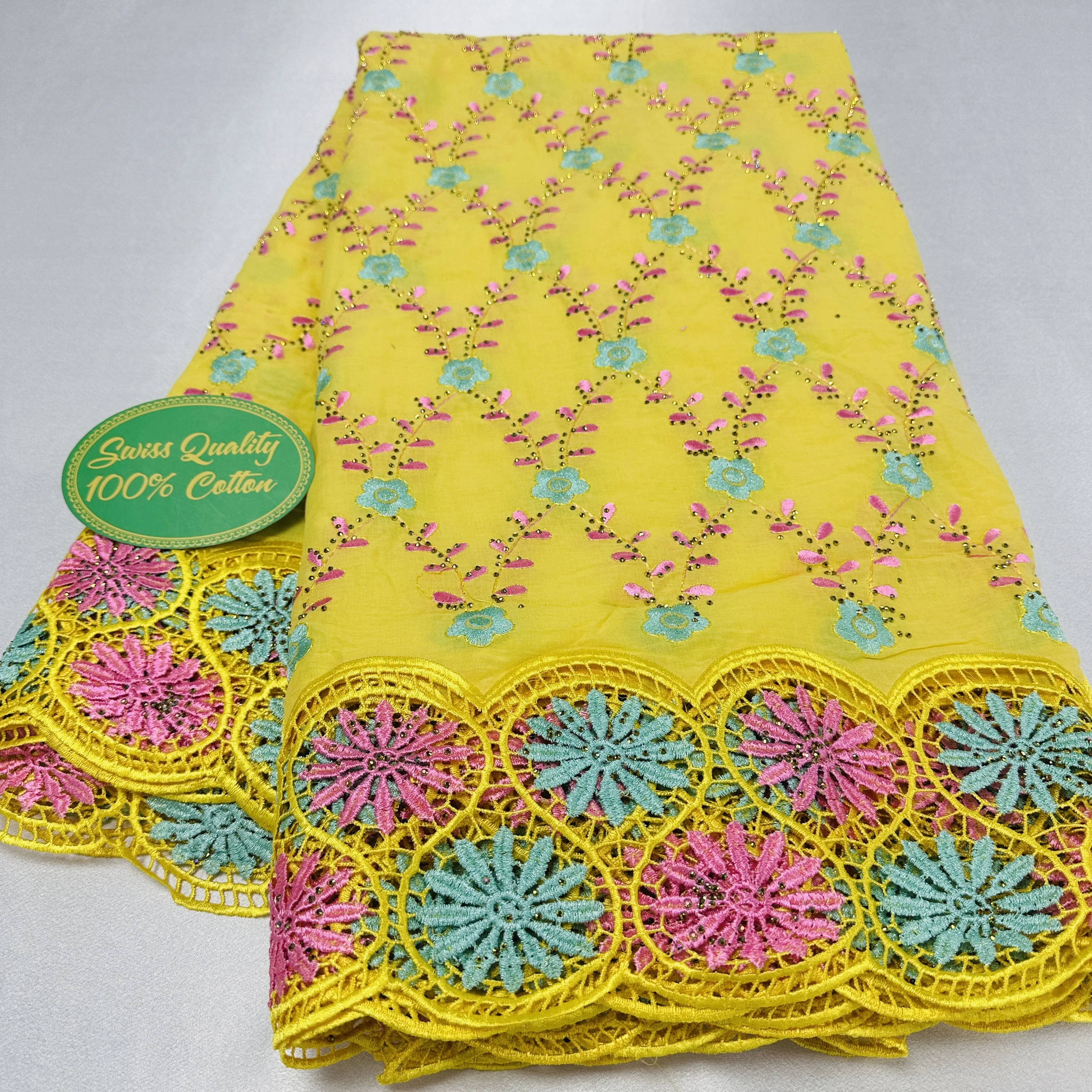 New 5Yards Swiss Voile Lace 2023 High Quality Yellow Africa Embroidery 100% Cotton Fabric Brode Popular For African Women Cloth