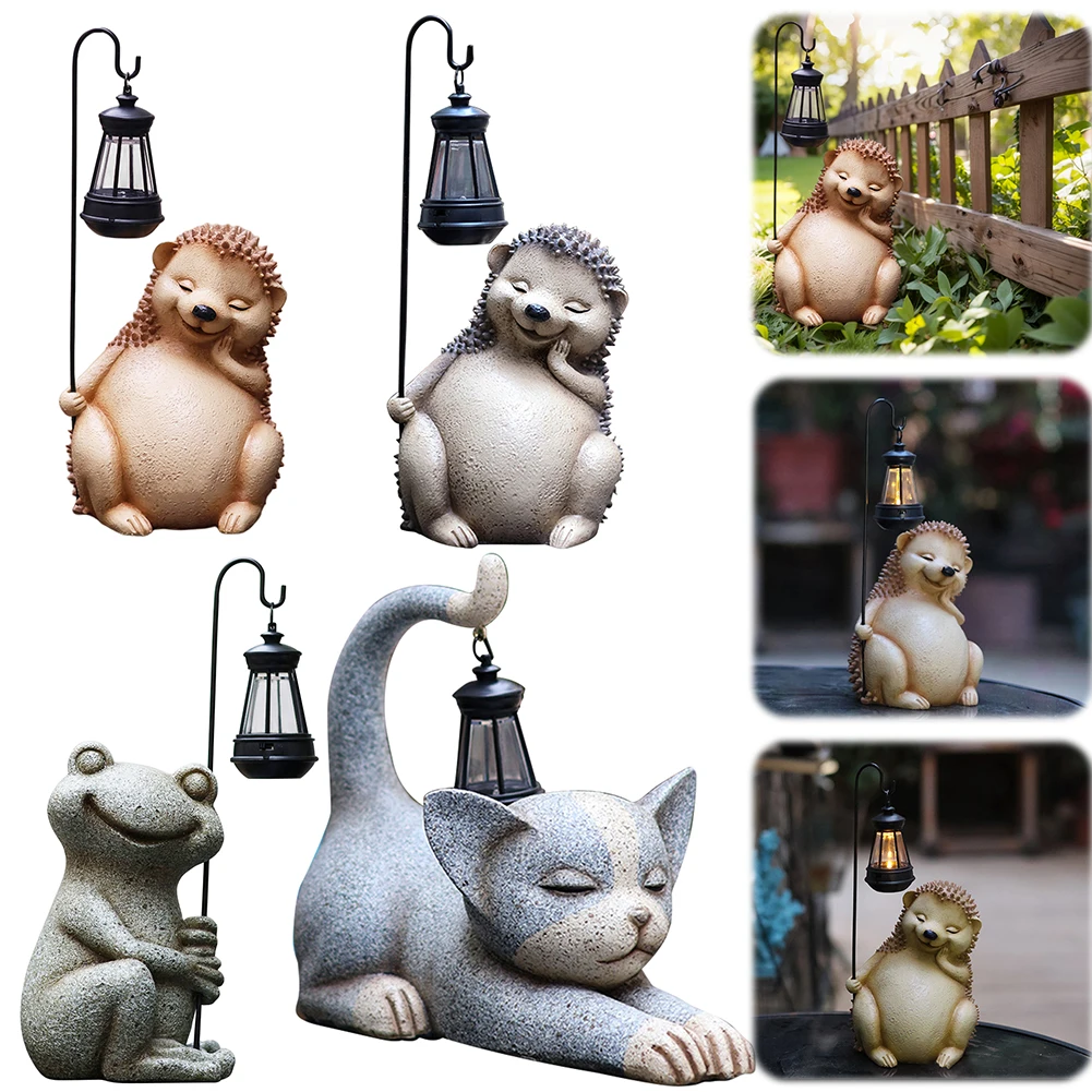 

Funny Resin Animal Sculpture with Solar Outdoor Light Garden Art with Solar Lantern Loving Cat for Patio Balcony Yard Lawn Decor