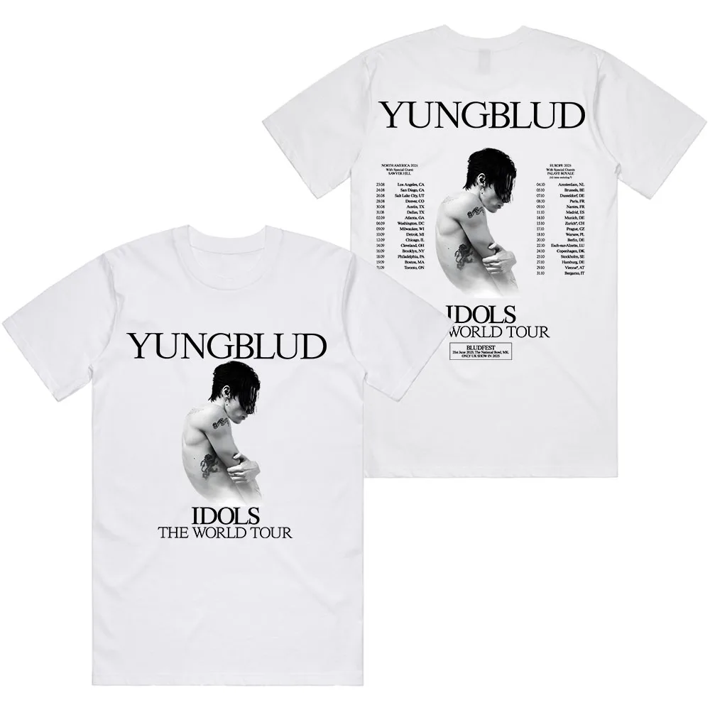 YUNGBLUD IDOLS الجولة العالمية 2025 تي شيرت قصير الأكمام الذكور بلايز عادية موضة الرجال النساء تي شيرت للجنسين الشارع الشهير