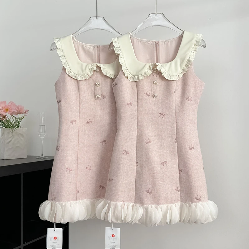 

Tweed Sleeveless Tank Dress Women 2025 New Summer Elegant Ruffles Mini Dresses Female Party Evening Pink Short Dress