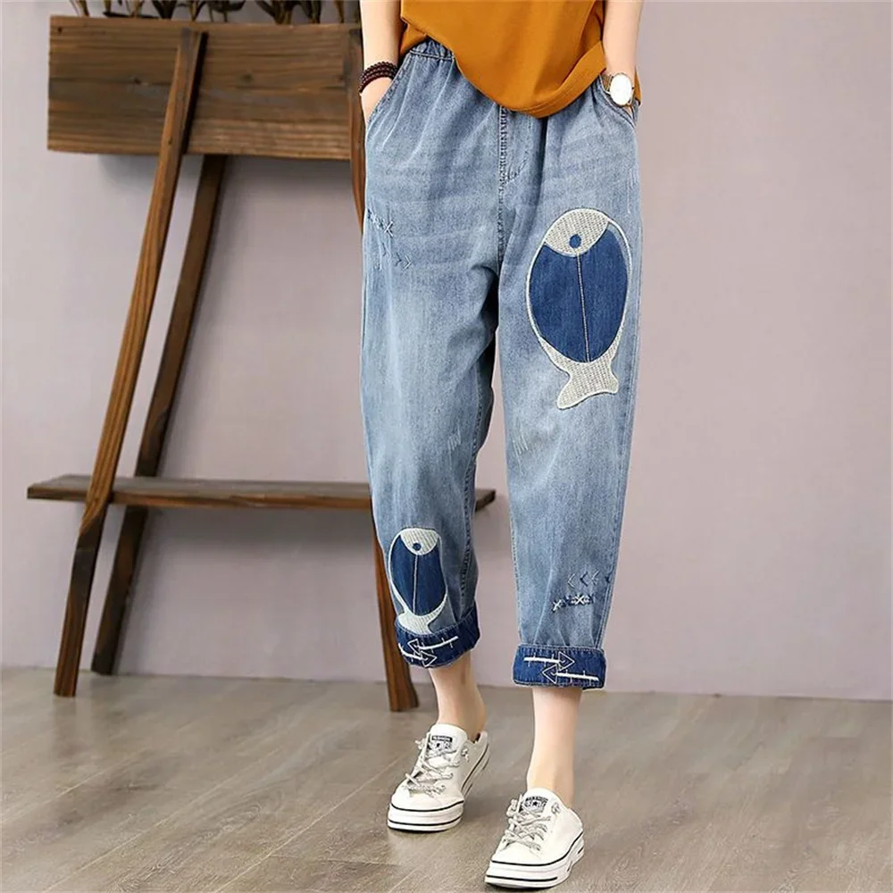 

Denim Pants Mom Jeans Woman Baggy Jeans for Women Drawstring Embroidery Elastic High Waist Jeans Vintage Female cargo pants Z693