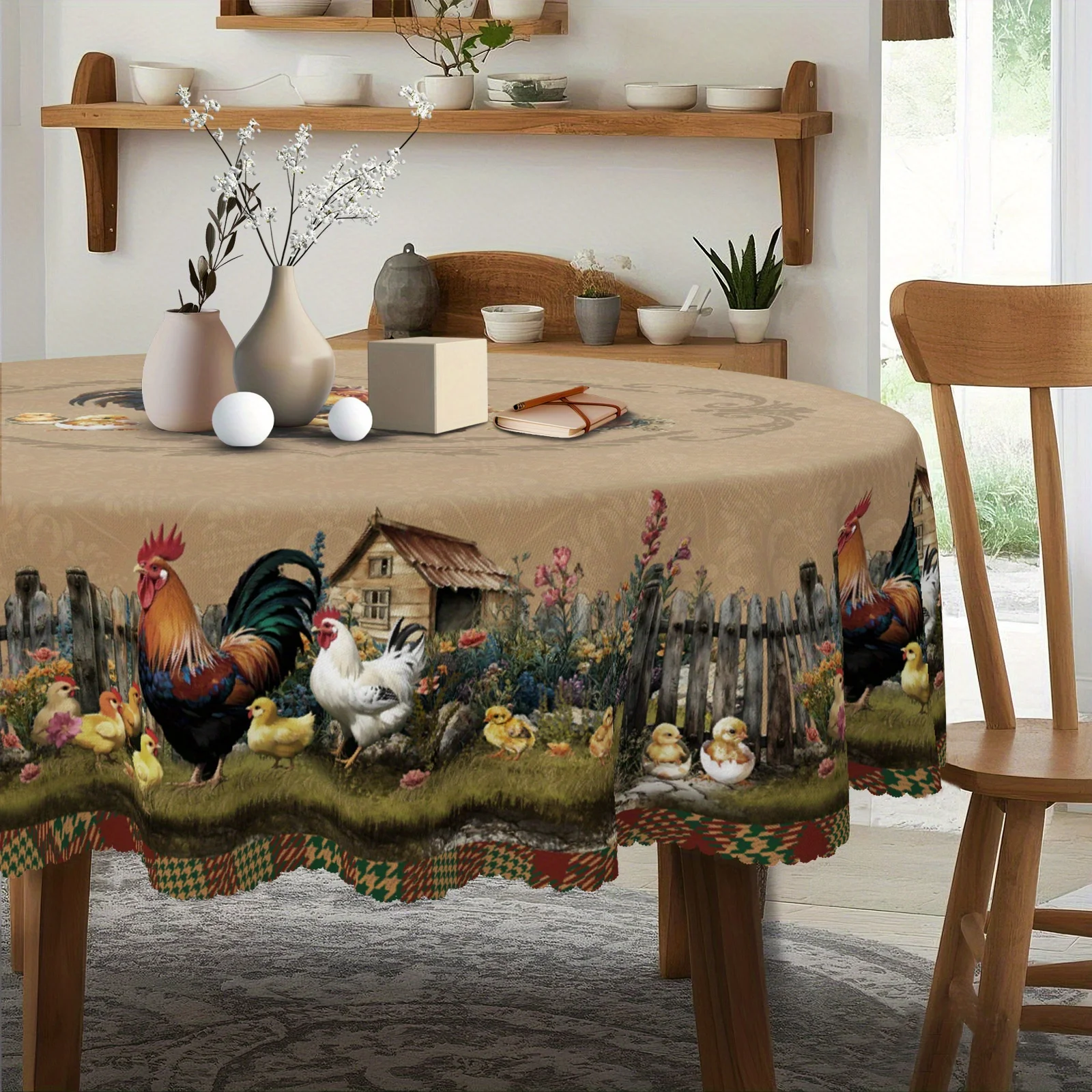 Retro country farmhouse-style rooster tablecloth, featuring chicken and farm patterns.ZYC