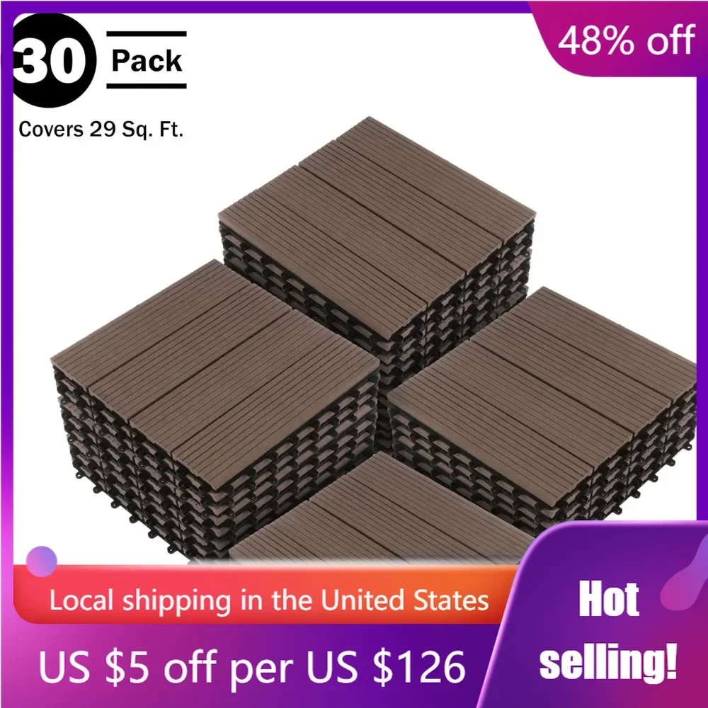 

30-Pack Wood Composite Decking Tiles, enables airflow and water drainage,assemble quickly and easily,Mocha Brown, Decking Tiles