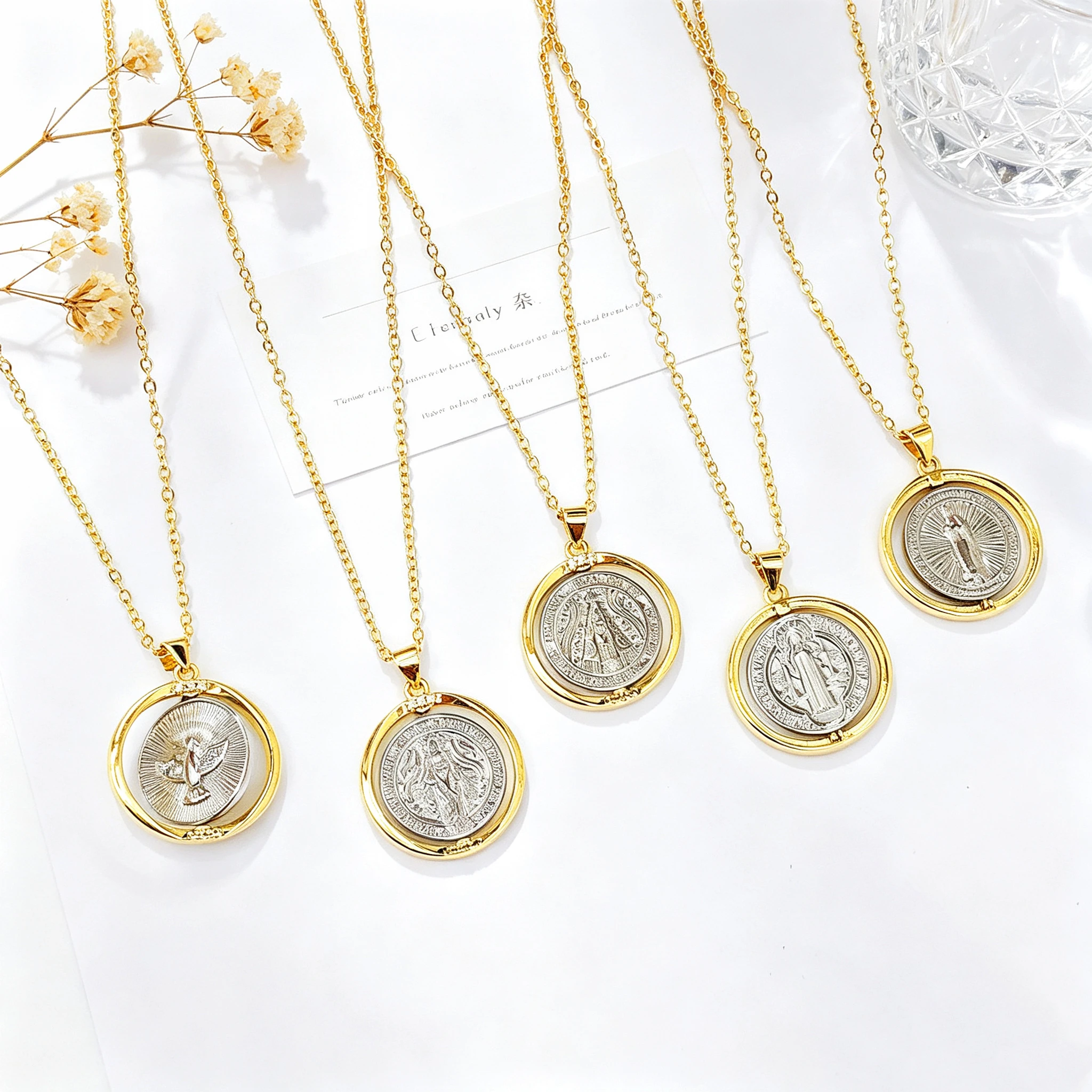 Rotatable Double-Sided Virgin Mary Saint Benedict Pendant Necklace Catholic Christian Religious Medal Jewelry for Women Men