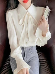 Jmprs Elegant Flare Sleeve Chic Shirt Women Sweet Fashion Bow Folds Blouse Korean Casual Office Lady Simple Spring Chiffon Tops