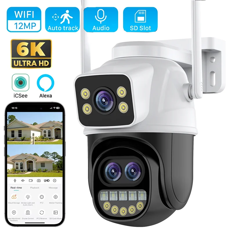 9MP Outdoor Wifi Camera PTZ 8X Optical Zoom Three Lens Dual Screens Video Surveillance 12MP ICsee smart CCTV Security IP Camera