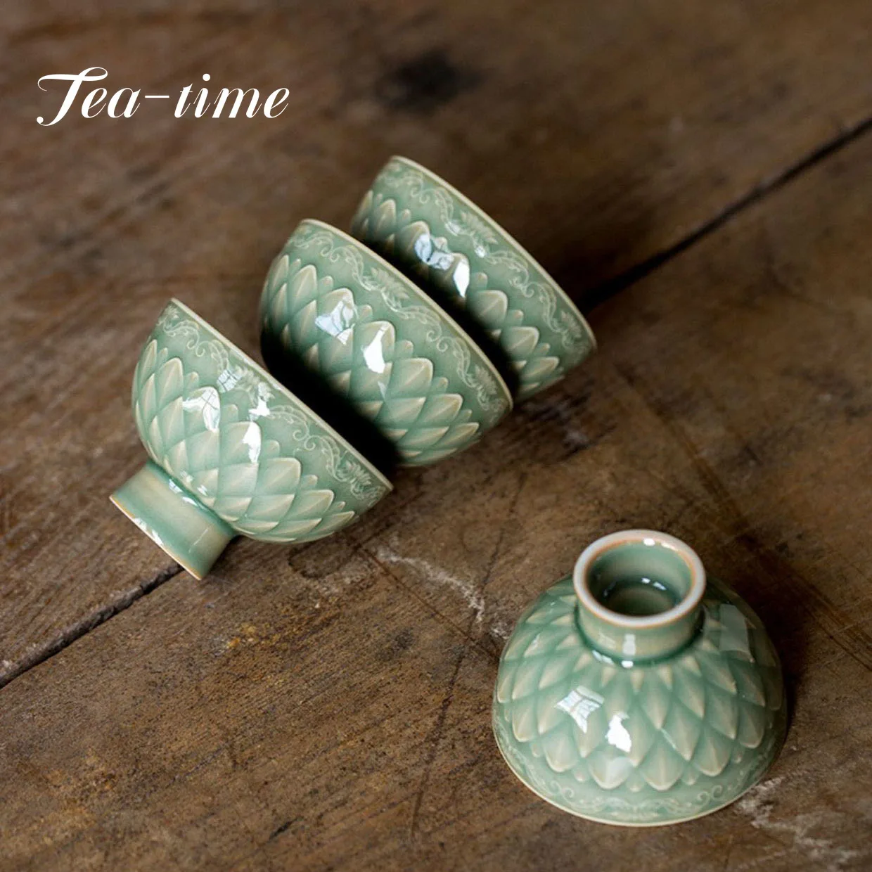 50ML Yue Kiln Celadon Relief High Foot Cup Handmade Fish Scales Single Cup Kung Fu Tea Set Master Cup Greengaga Personal Cup