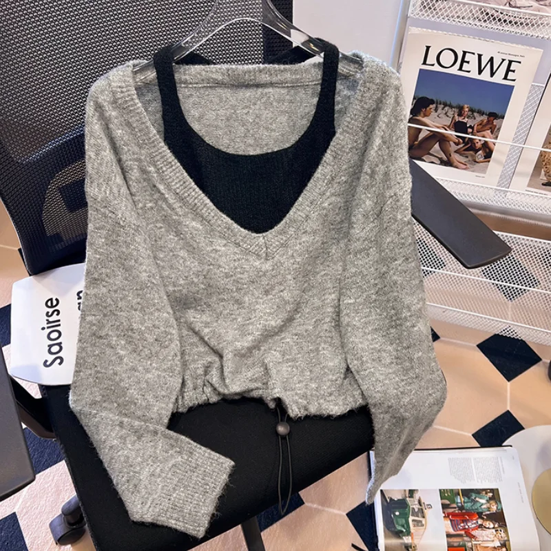 Women\'s Clothing Korean Grey Knitting Sweater Cashmere Long Sleeves Vintage Casual Fashion Baggy Ladies 2024 Spring Tops