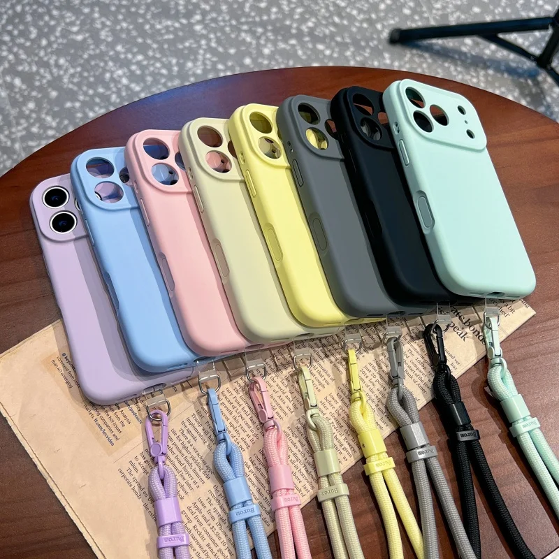 

Shockproof Soft Liquid Silicone Phone Case with Camera Capture Control Button For iPhone 17 Pro Max 16 Pro Lanyard Strap Cover