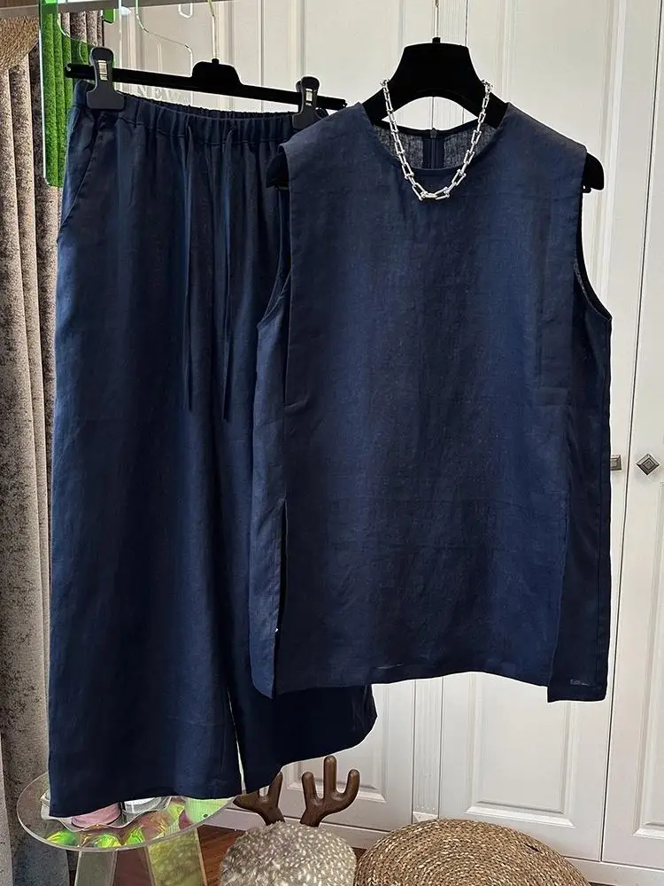 

SuperAen 2025 Summer New Thin Navy Blue Sleeveless Pullover Vest Temperament Simple Loose Wide-leg Pants Fashion Two Pieces Sets
