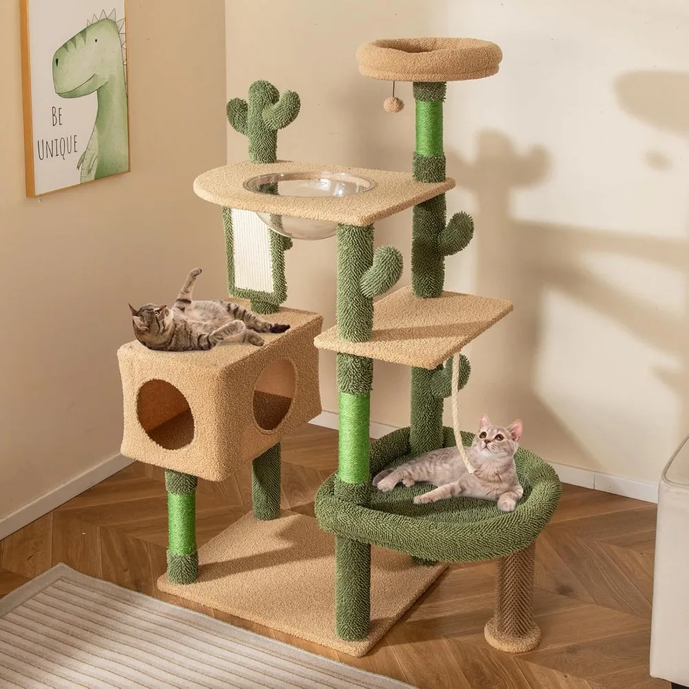 

Tall Cat Tower with Sisal Scratching Posts, Cat Condo, Space Capsule, Large Bed, Self Groomer, Rope, Ball