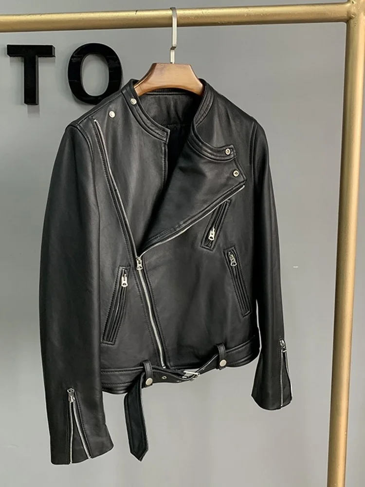 

2023 Fashion Women Motorcycle Genuine Leather Jacket O Neck Slim Fit Short Punk Style Real Sheepskin Coat Spring Autumn White J