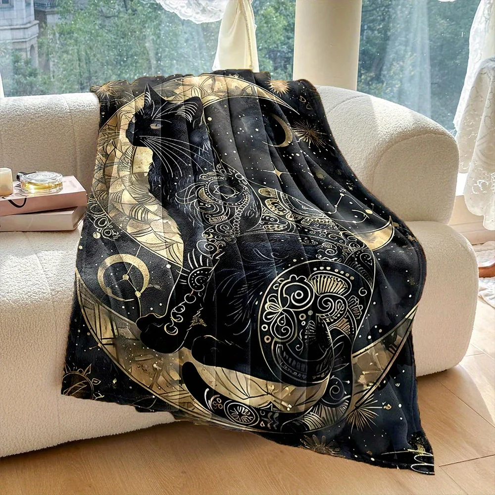 Printed Black Cat Fleece Blanket Mystical Moon and Stars Mandala Skull Soft Warm Flannel Throw Blankets for Bed Sofa Home Decor