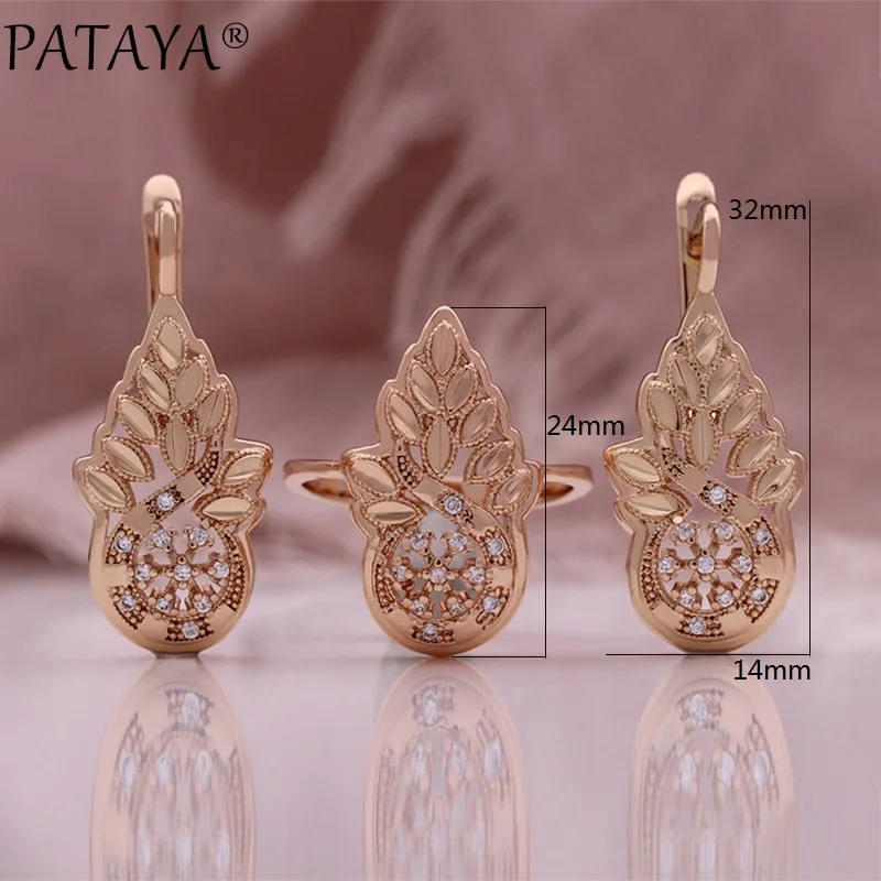 PATAYA 585 Rose Gold Color Romantic Pineapple Shaped Necklace Ring Earrings Fine Set for Women Gift Fine Jewelry