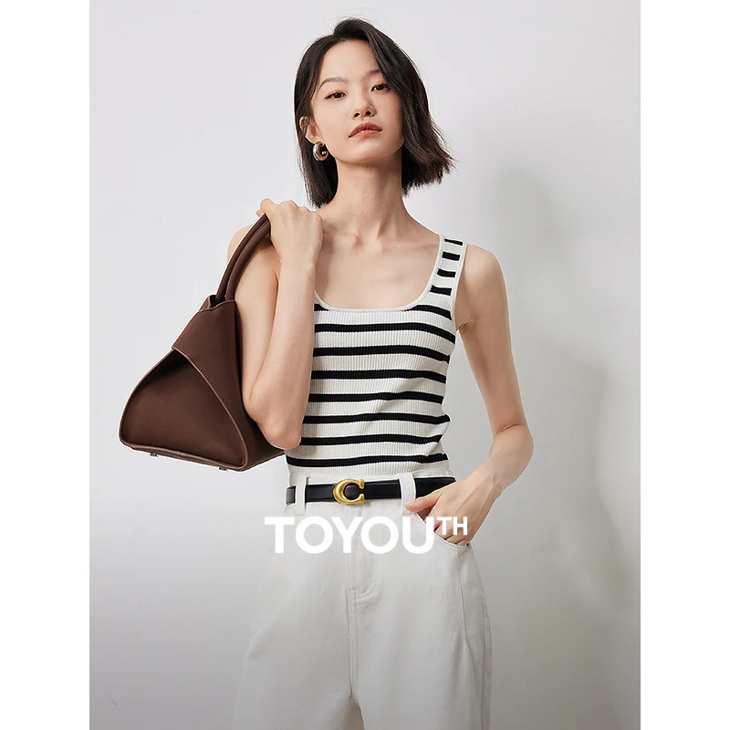 TOYOUTH Women Tank Tops 2024 Autumn New Black and White Striped U-Neck Knitted Underwear Vest
