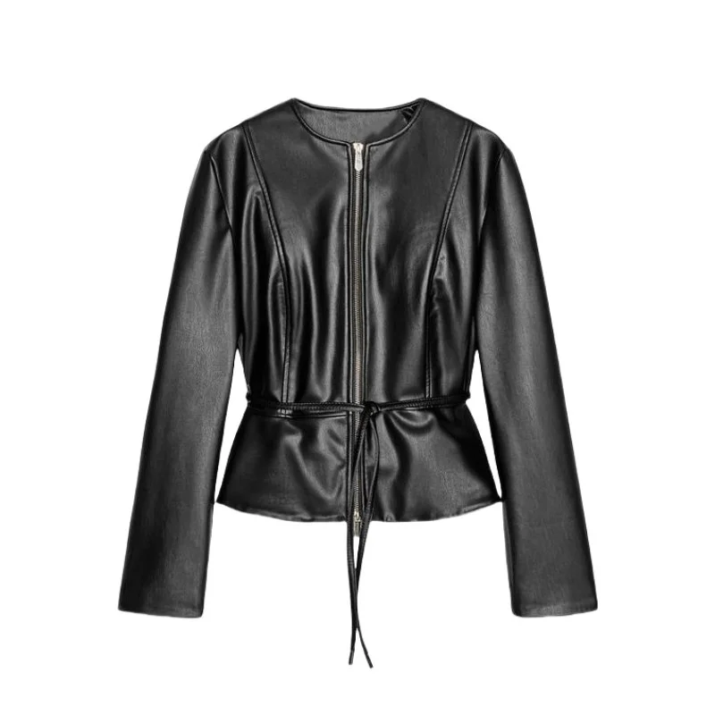 ETJ 2025 ربيع جديد المرأة خمر جولة الرقبة مع الخصر تنورة الخصر تنورة مع تنحنح سترة جلدية تقليد