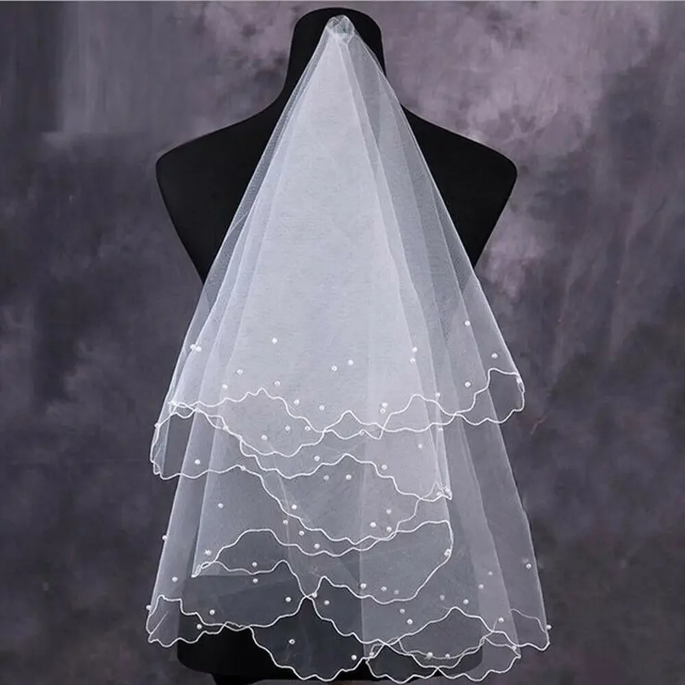 

White 2t Wedding Bridal Veil With Comb Handmade Diy Fabric Beaded Beads Pearl 2024