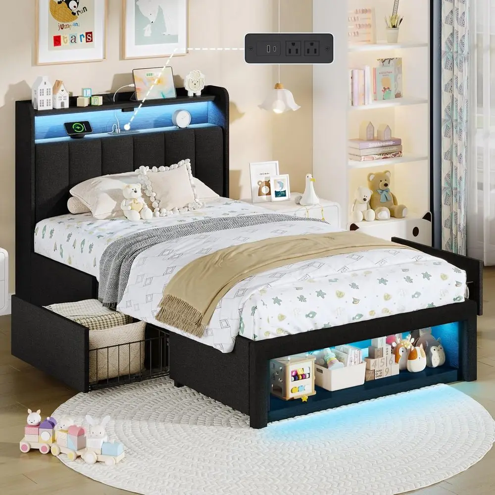 

Black Twin Bed with LED Lights, Charging Station, Upholstered Storage and Wooden Slat Support