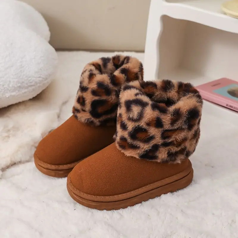 

2026 New Kids Winter Boots Leopard Print Fleece Lined Thickened Non Slip Snow Boots for Baby Toddler Girls Cotton Shoes