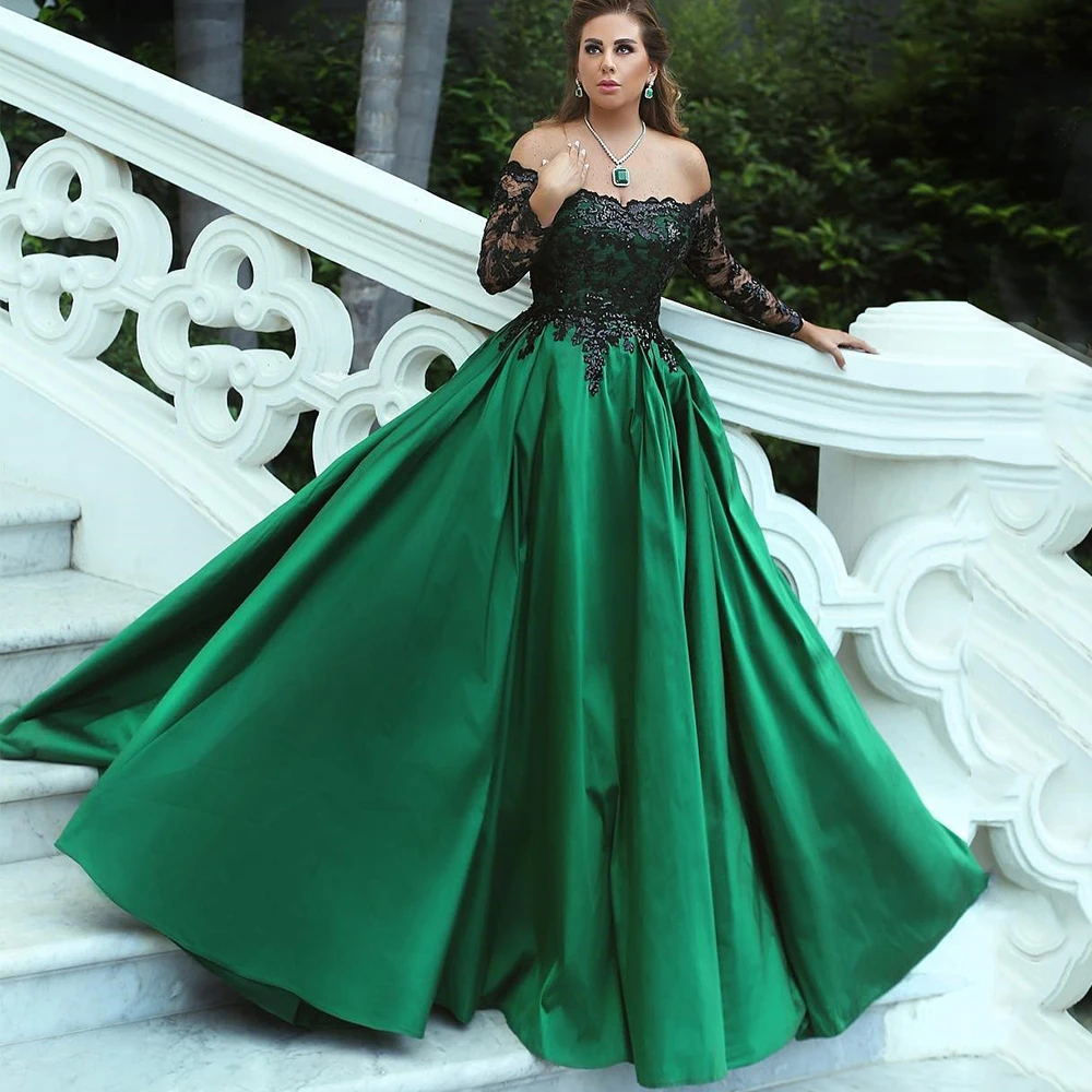 

Dream Classic A-Line Prom Dress Off the Shoulder Long Sleeve with Applique Satin Floor Length Women Customized Evening Gown New